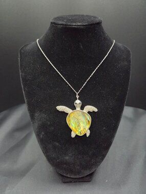 Sea Turtle Necklace Abalone Shell Look Silver Tone Pendant Coastal Beach Boho